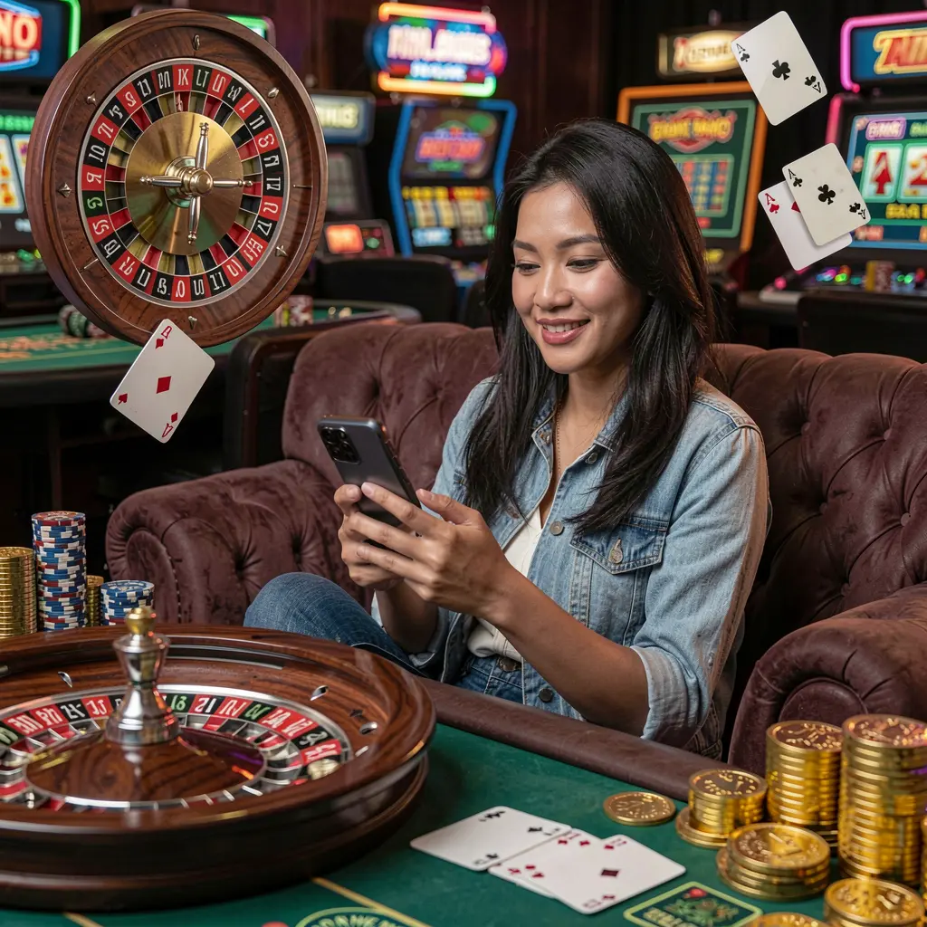 Elegant Filipino woman relaxing on a sofa while using the DD9D9 casino app with floating roulette wheels cards and gold coins