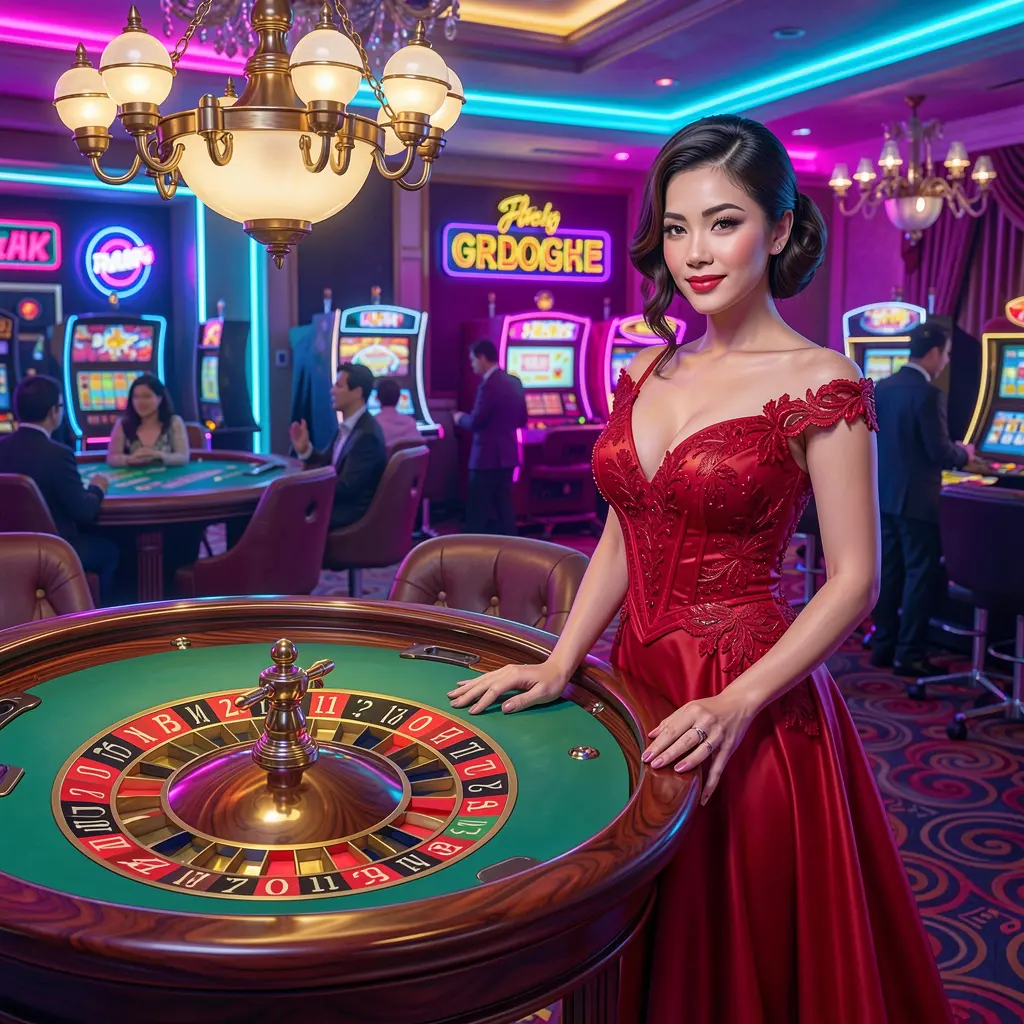 Elegant woman in a red dress standing beside a glowing roulette table in a vibrant casino atmosphere at DD9D9 showcasing premium live casino entertainment for players in the Philippines