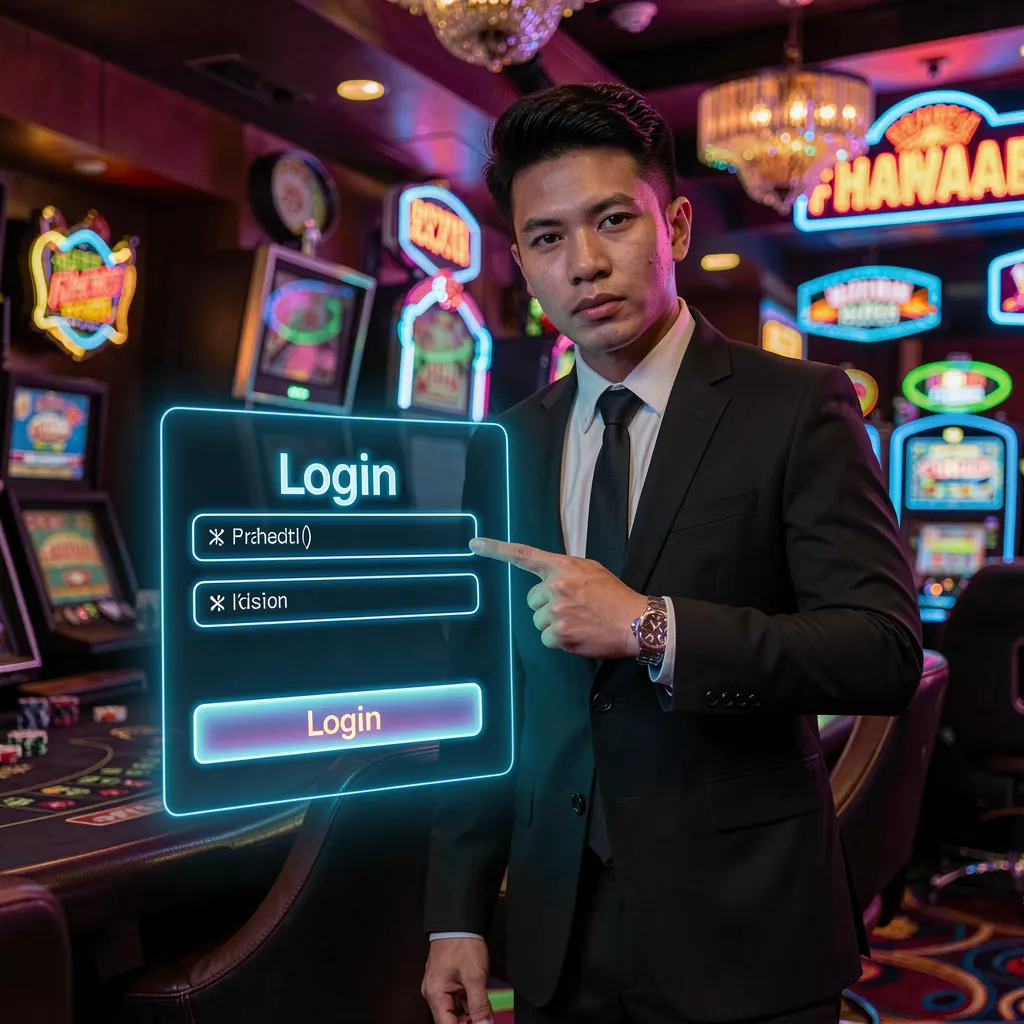 Confident casino professional pointing at a glowing digital login panel inside a modern DD9D9 casino interface for players in the Philippines