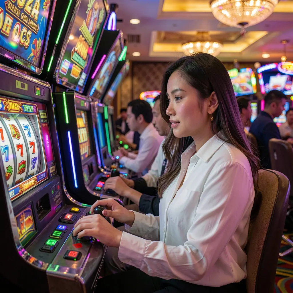 Close up of a Filipino woman focused on playing a modern slot machine in a lively casino setting at DD9D9 with bright lights and immersive gameplay